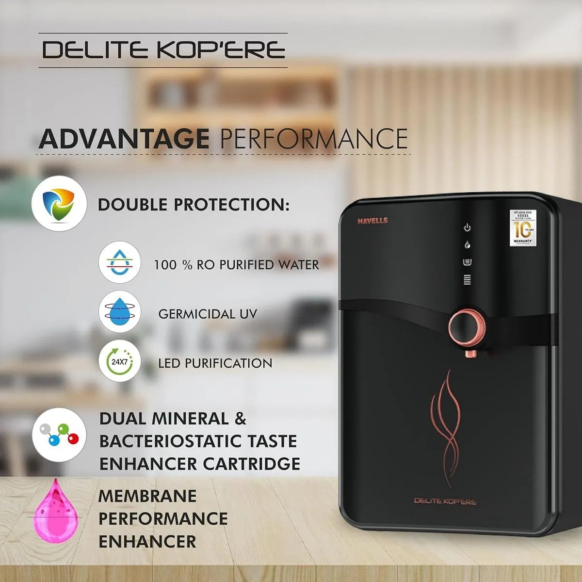 Havells Delite Kop'ere RO + Alkaline Water Purifier