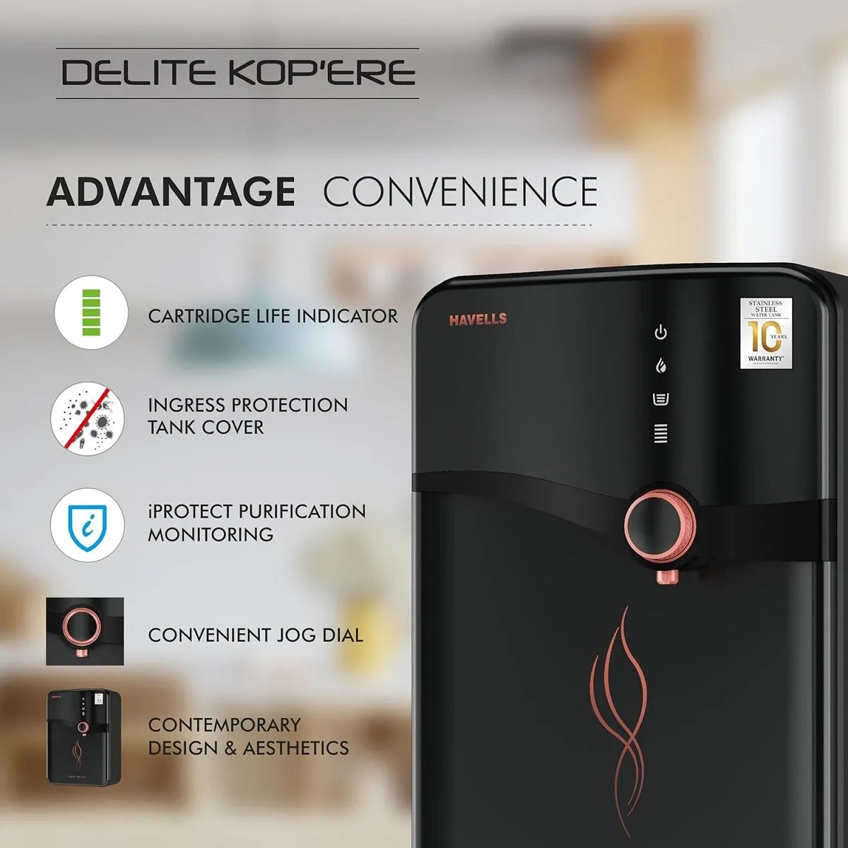 Havells Delite Kop'ere RO + Alkaline Water Purifier